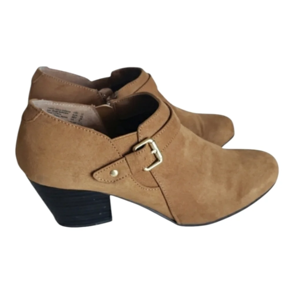 AMERICAN EAGLE sz 11 FAUX SUEDE buckle zipper ANKLE BOOTS block heel tan women